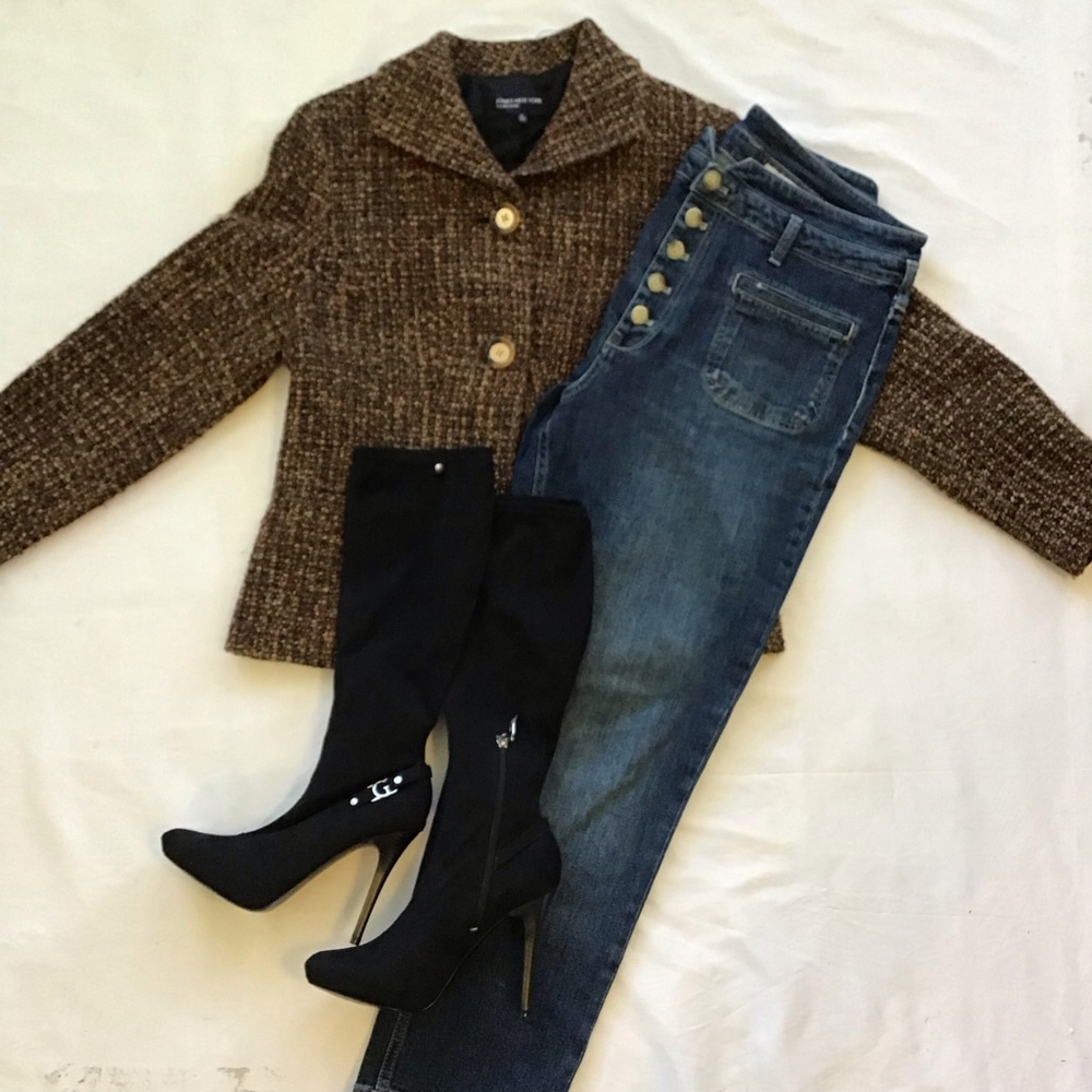 Jones New York Women Vintage Brown & Black Tweed Business Blazer Jacket Size 10 - Picture 2 of 11